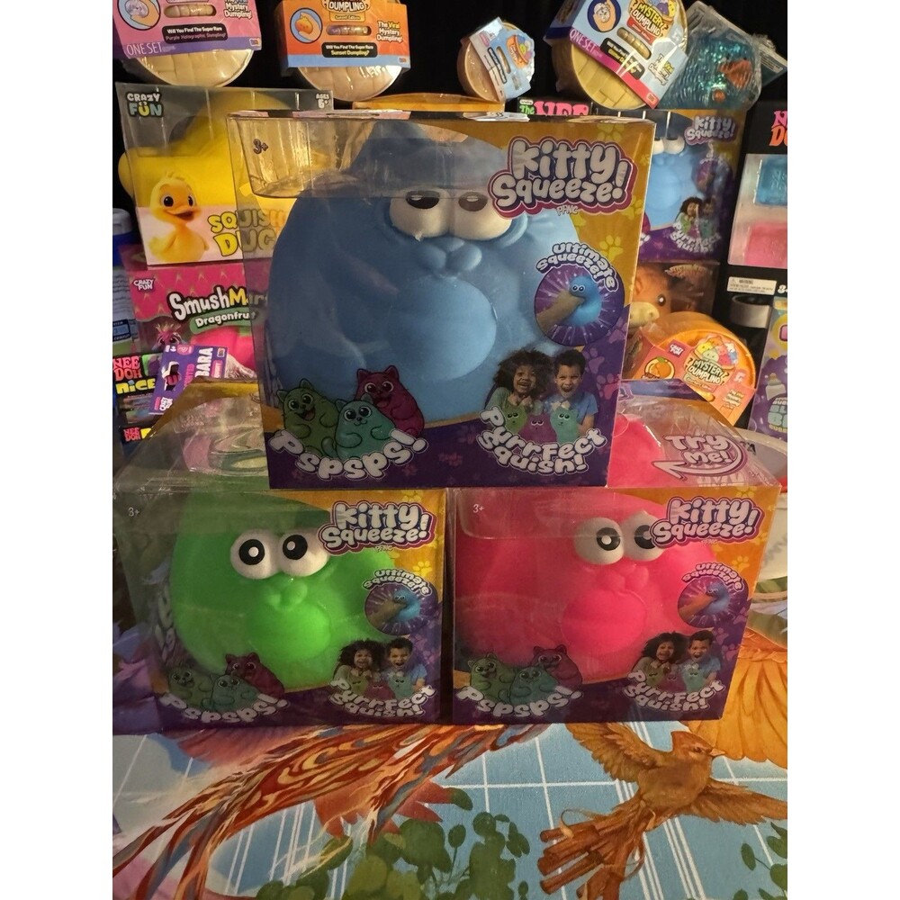Lot of 3 - New PPNC KITTY SQUEEZE Viral Squishy Sensory Toy Pink Blue Green
